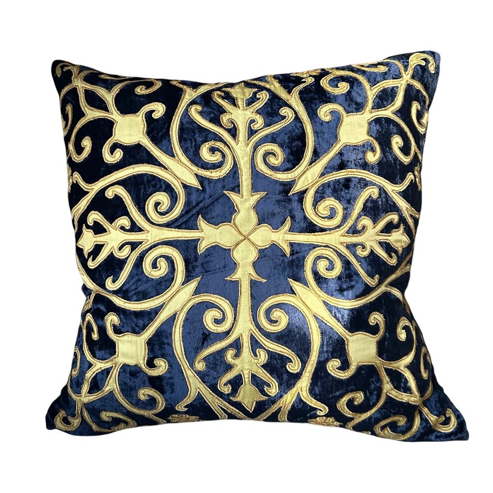 New! Gerry Nichol 19” blue gold velvet aplique on velvet throw pillow
